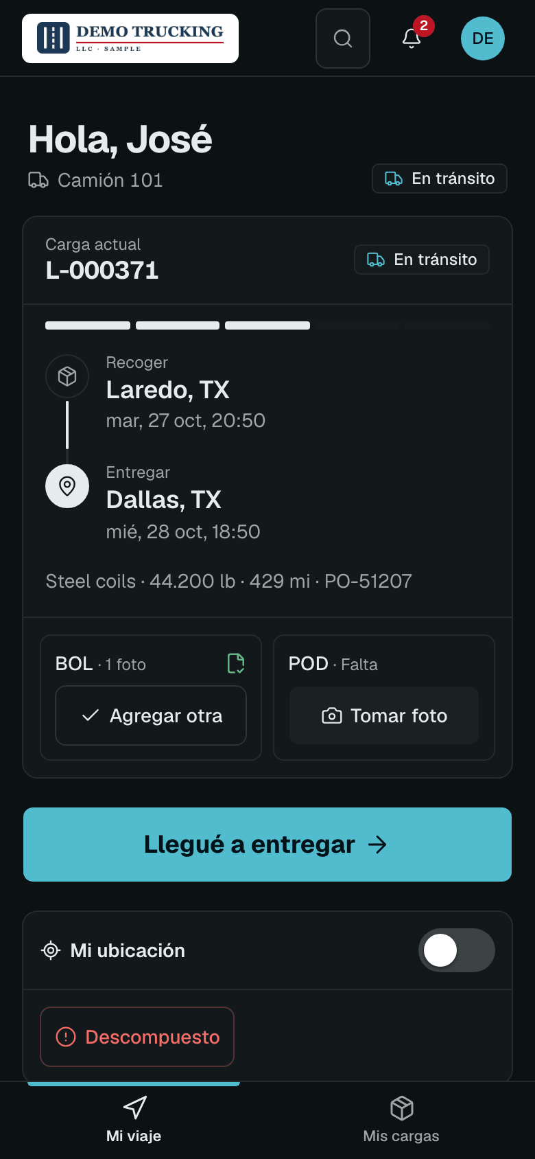 Troka driver app on a phone, showing the current load and delivery steps